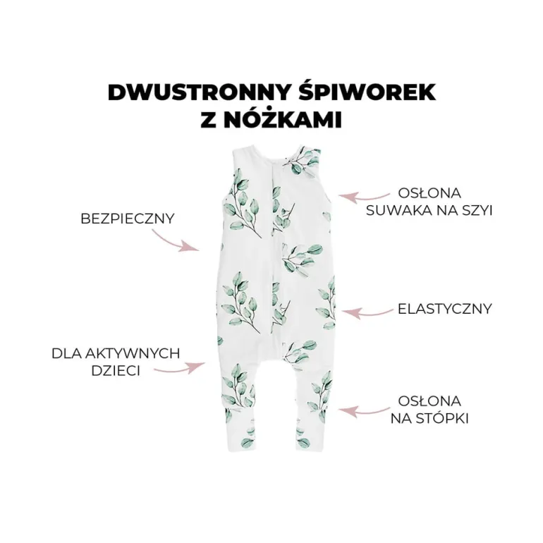 Śpiworek Niemowlęcy do Spania Dwustronny z Nóżkami Eukaliptus/Czarne Kropki 1-2 Lata